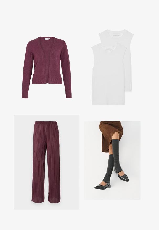 Burgundowy kardigan z otwartym przodem, długimi rękawami, ribbowymi mankietami i dołem. Wykonany z miękkiej dzianiny o lekkiej teksturze.; Dwie białe bezrękawniki z miękkiej bawełny, z okrągłym dekoltem i bez widocznych wzorów czy dodatków.; Spodnie plisse w głębokim burgundzie z elastycznym pasem, charakteryzujące się luźnym krojem w szerokie nogawki oraz pionowymi plisami na całej długości.; Czarne lakierowane buty na szpilce z prostokątnym obcasem i paskiem na kostce, zestawione z szarymi prążkowanymi ocieplaczami na nogi oraz brązową zamszową spódnicą.