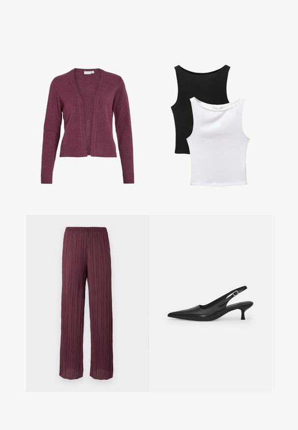 Burgundský kardigán s otvorenou prednou časťou, dlhými rukávmi, rebrovanými manžetami a lemom. Vyrobený z jemnej pleteniny s ľahkou štruktúrou.; Dve bezrukávové topy v čiernej a bielej farbe, vyrobené z bavlny. Majú okrúhle výstrihy a priliehavý strih s hladkou textúrou.; Plisované nohavice v hlbokej burgundskej farbe s elastickým pásom, s voľným strihom a širokými nohavicami a vertikálnymi záhybmi po celom obvode.; Čierne kožené sandále s úzkym špičatým prstom a štíhlym zakriveným podpätkom. Majú diskrétny nastaviteľný popruh s kovovou sponou.