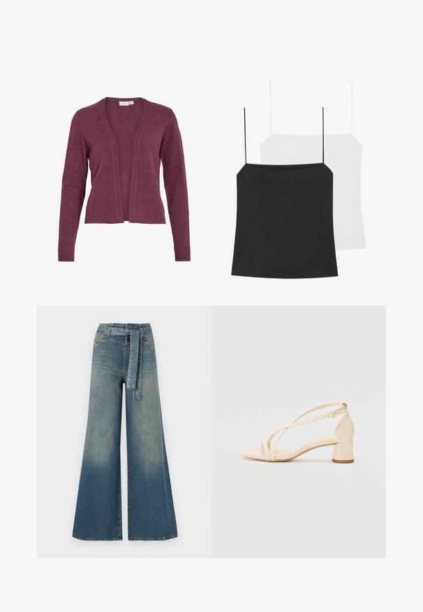 Burgundy színű kardigán nyitott elülső résszel, hosszú ujjal, bordás mandzsettákkal és szegéllyel. Puha kötött anyagból készült, könnyű textúrával.; Két camisole top látható: egy fekete és egy fehér. Mindkettő vékony pántokkal és testhez simuló kialakítással rendelkezik, sima, rugalmas anyagból készültek.; Bőszárú farmernadrág, világos és sötétkék árnyalatokkal, magas derekú, övgyűrűkkel és a nadrággal megegyező anyagú övvel. Textúrált farmer kivitel.; Krémszínű, blokk sarkú szandálok, pántos kialakítással és állítható bokapánttal, sima szintetikus anyagból, matt felülettel.