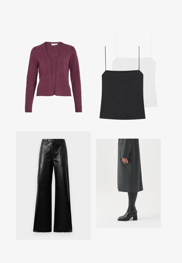 Burgundy cardiganilla avon framsidan, långa ärmar, ribbade manschetter och nederdel. Tillverkad av mjukt stickat tyg med en lätt textur.; Kaksi topin tapaista esitellään: yksi musta ja yksi valkoinen. Molemmissa on ohuet olkaimet ja ne ovat tiukasti istuvia, valmistettu sileästä ja joustavasta kankaasta.; Mustat korkeat leveät keinonahkahousut, joissa on etupainike, vetoketjukiinnitys, vyölenkit ja sivutaskut valkoista taustaa vasten.; Harmaa, muotoiltu pitkätakki suoran leikkauksen kanssa; yhdistetty polven yli yltäviin mustiin nahkasaappaisiin, joissa on neliön muotoinen kärki ja paksu kanta.