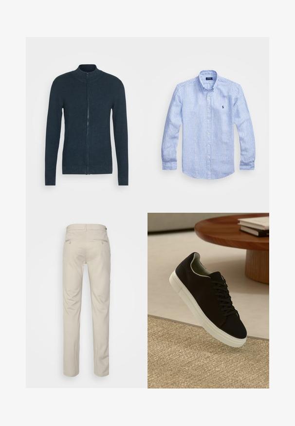 Marineblå strikkegenser med høy krage og full frontglidelås. Stoffet har et teksturert mønster og tettsittende ermer.; Blå og hvit stripete langermet skjorte laget av bomull, med knappekrage, frontknapper og en liten brodert logo på brystet.; Beige bukser med en glat tekstur, lige snit, to baglommer med knapper og en standard talje.; Svart sneakers med hvit såle som svever over en beige teksturert teppe nær et rundt trebord med stablede bøker.
