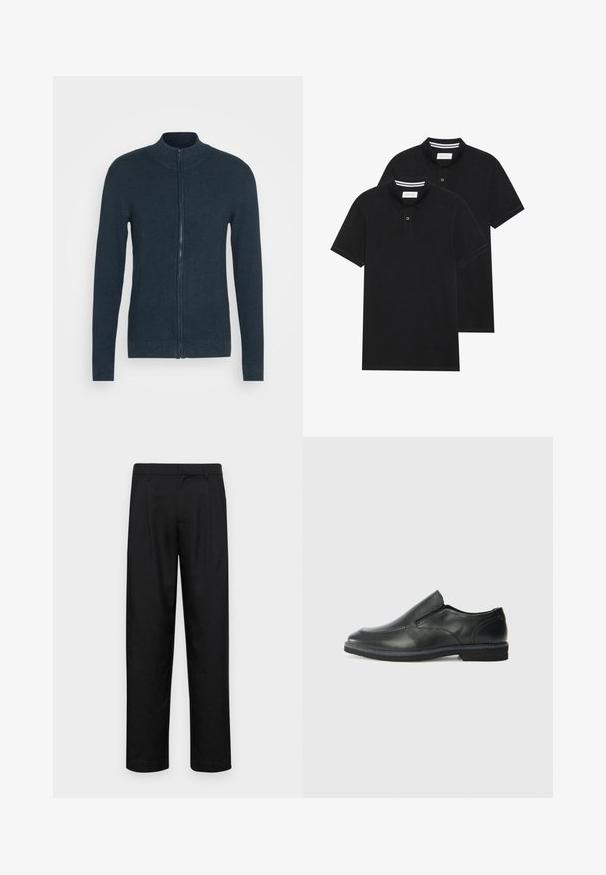 Suéter de malha azul-marinho com gola alta e zíper frontal completo. O tecido tem um padrão texturizado e mangas ajustadas.; Duas camisetas polo pretas, de manga curta, em material de algodão, com colarinho clássico, abertura com dois botões e detalhes em riscas brancas no interior do colarinho.; Calças pretas feitas de tecido suave, com um design de perna reta, dois pregas frontais e uma cintura padrão com passantes para cinto.; Sapato slip-on preto em pele com um upper liso, acabamentos cosidos, bico arredondado e um salto de borracha baixo. A sola apresenta um padrão de aderência mínimo.
