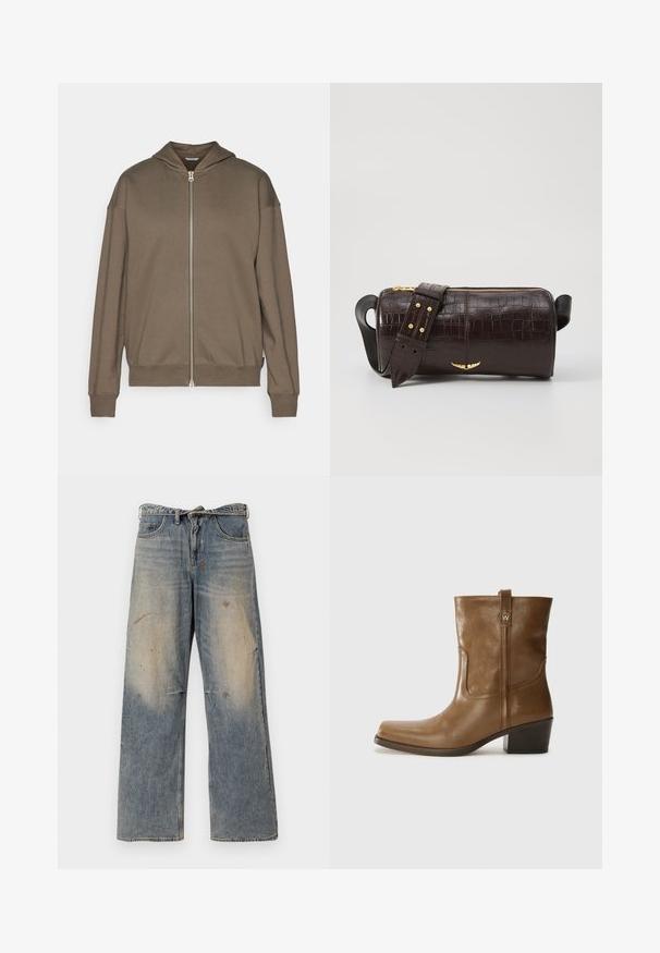 Hnedá zipsová mikina vyrobená z mäkkého materiálu. Má kapucňu, dlhé rukávy a pružné manžety. Minimalistický dizajn bez vzorov alebo ozdôb.; Dlhý rukáv, svetlo béžový top s okrúhlym výstrihom. Vyrobený z mäkkej látky, má stredový šev a mierne zakrivený spodný okraj. Bez viditeľného hardvéru.; Svetlo modré džínsy s voľným strihom a rovnými nohavicami. Obsahujú efekt opotrebovania, vyblednutie a poškodené detaily pri kolenách. Klasický strih s piatimi vreckami.; Hnedé kožené členkové topánky so štvorcovou špičkou, textúrovaným povrchom a nízkym vrstveným podpätkom. Obsahujú zadný úchyt a diskrétne prešívanie.; Hnedá taška z kože s embosovaným vzorom krokodíla, cylindrického tvaru, so zlatými hardvérovými doplnkami a odnímateľným popruhom so štítkami.