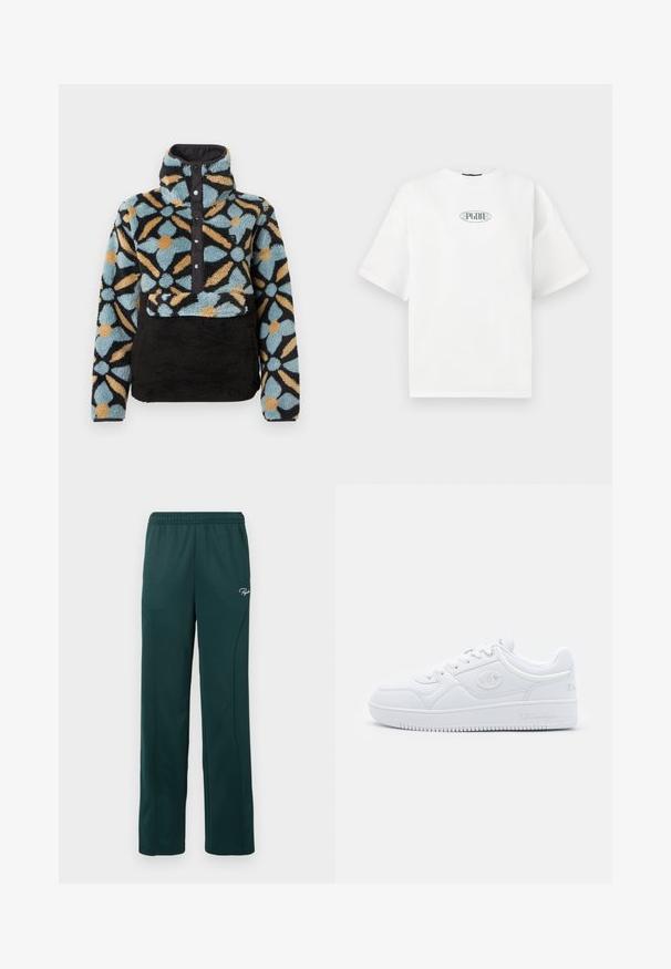 Fleece pullover with a high collar, featuring a blue, black, and orange floral pattern, snap front closure, and black textured lower section.; White short-sleeve t-shirt made of cotton, featuring a graphic logo in green within an oval shape at the center of the chest.; Dark green sweatpants made of soft fabric, featuring an elastic waistband and side seams, with a small logo on the front.; White sneaker made of smooth synthetic material, featuring round toe, flat sole, and subtle logo accents on the sides. Classic low-top design.