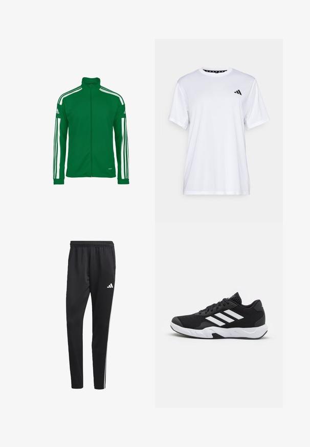 Groene zip-up jas van soepel materiaal, met witte strepen langs de mouwen en een opstaande kraag. Adidas-logo op de schouder.; Witte sport T-shirt met korte mouwen, gemaakt van vochtafvoerende stof. Heeft een zwart logo op de linkerkant van de borst en een gemusterde binnenhals.; Zwarte sportbroek met een rekbare tailleband, witte zijkanten en een klein wit logo op de dij. Gemaakt van een soepele, lichte stof.; Zwarte sportieve schoenen met een geperforeerde mesh bovenkant, witte accentstrepen, een gevoerde zool en een versterkte hiel voor extra ondersteuning.