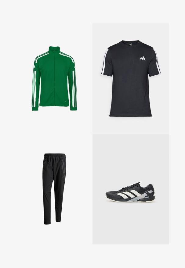 Groene zip-up jas van soepel materiaal, met witte strepen langs de mouwen en een opstaande kraag. Adidas-logo op de schouder.; Zwarte T-shirt van katoen met korte mouwen, met witte strepen op de schouders en een wit logo op de linkerkant van de borst.; Zwarte sportbroeken met een elastische tailleband, twee ritszakken aan de zijkant, taps toelopende pijpen en een subtiele logo-detail op de heup.; Zwarte sportschoen met witte strepen, bovenwerk van mesh, ronde neus en geveerde zool. Heeft een getextureerde hak en een veilig vetersysteem.