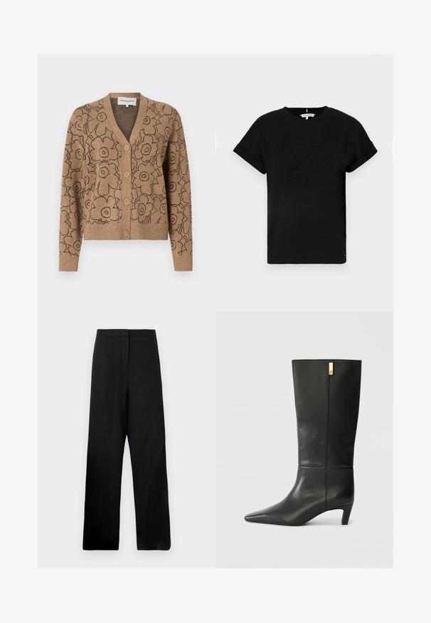 Marimekko EILINEN PIIRTO UNIKKO CARDIGAN - Kardigan - beige/black; Mustmust särk, millel on rullitud lühikesed varrukad, keskosas on embosseeritud logo ja küljel väike lipu aktsent.; Mustad laiad püksid, mis on valmistatud kergest kangast. Omavad sujuvat tekstuuri, kõrget vööd ja minimaalset õmbluste detaili.; Mustmustest mustakõrgune musta nahast saabas terava ninaga ja väikese kontsaga. Omab sujuvat disaini kuldse aksendi detailiga. Sile tekstuur.