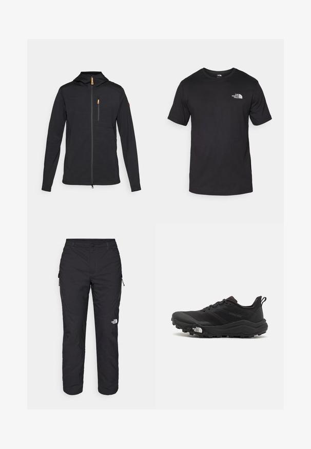 Svart jakke med hette, full glidelås foran og en glidelåslomme på brystet. Har teksturert stoff og oransje glidelåsdragere.; Svart kortermet t-skjorte laget av bomull, med rund hals og en liten hvit logo på øvre venstre brystområde.; The North Face WINTER EXPLORATION TAPERED CARGO - Friluftsbukser - black; Svart terrengløpesko med teksturert overdel, gummisåle og forsterket tåhette. Har polstret krage og løftestropp for enkel påkledning.