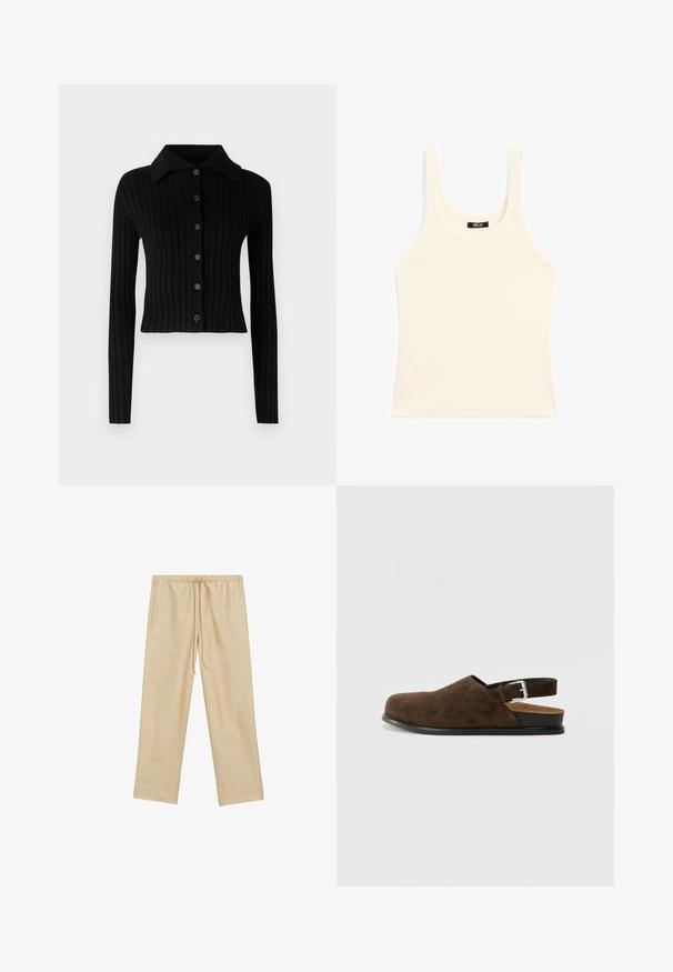 Black ribbed cardigan with a collared neckline. Features long sleeves and a button-down front. Made of soft fabric with a fitted design.; Light beige tank top made of ribbed fabric, featuring a round neckline and thick straps, with a fitted shape and minimal detailing.; Light beige, loose-fitting trousers with an elastic waistband and drawstring. Features two side pockets and a smooth texture.; Brown suede slip-on shoe with a low heel, an adjustable strap with a silver buckle, and a black rubber sole.
