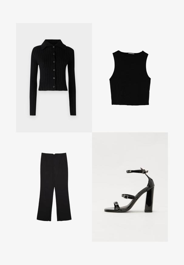Musta ribbed-neulejakko, jossa on kauluksellinen pääntie. Ominaisuuksia pitkähihaisuus ja painettavat napit edessä. Valmistettu pehmeästä kankaasta, joka istuu hyvin.; Musta hihaton crop-top, joka on valmistettu sileästä kankaasta, jossa on pyöreä kaula-aukko ja siisti, yksinkertainen muotoilu ilman kuvioita tai varusteita.; Mustat housut suoralinjaisella leikkauksella, joissa on etutaskut ja sivurei'ät helman alla. Valmistettu pehmeästä ja sileästä kankaasta. Sopii eri tilaisuuksiin.; Musta kiiltävä korkokenkä sandaalit neliönmuotoisella varpaalla, nilkkaremmillä ja hopeisilla soljilla. Varustettu tukevalla lohkokorkealla vakauden takaamiseksi.