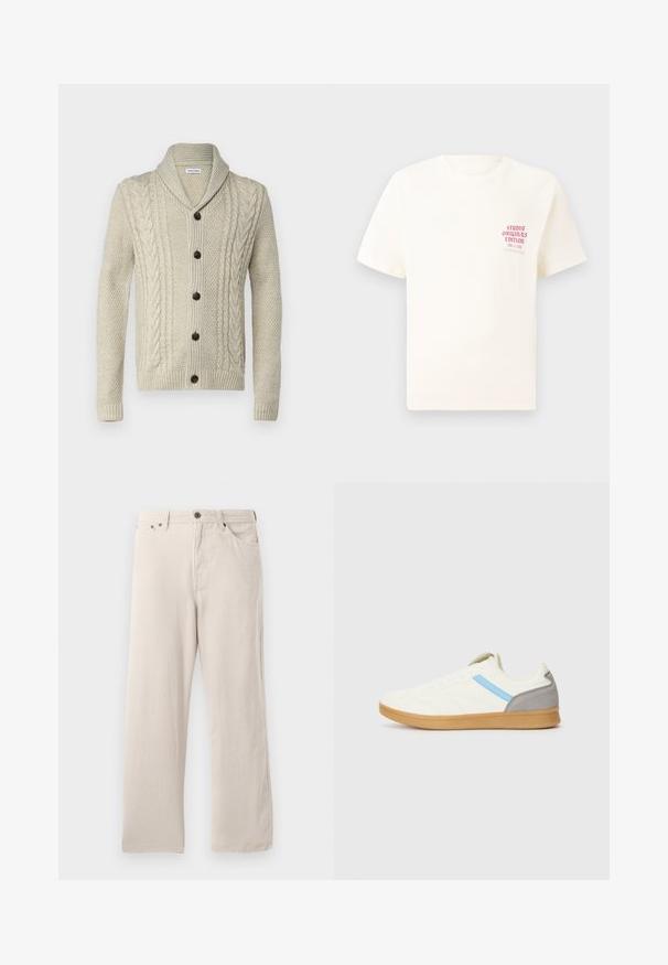 Šviesiai rudos megztos kvarterio su šalikiniu apykakle, su kabelių ir tekstūruotais raštais, penkiomis rudos spalvos mygtukais, bei bronziniais rankogaliais ir apatine dalimi.; Balta trumpa rankovėmis marškinėliai su raudonu užrašu "Studio Originals Edition" kairiajame krūtinės šone, rodomi neutralioje pilkoje aplinkoje.; Šviesiai pilki kordūriniai kelnės su tiesiu kirpimu, pasižyminčios ribota tekstūra, penkių kišenių dizainu ir mygtukų uždarymu.; Batai su kremine viršutine dalimi, mėlyna juostele šonuose ir pilku kulno akcentu. Yra tekstūruotas dizainas ir guminis padas.