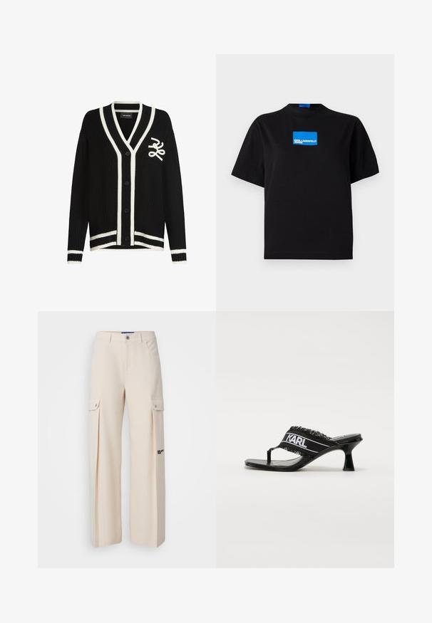 Svart ribbestrikket cardigan med hvite striper, med V-hals, knappelukking og brodert logo på brystet.; Svart bomulls T-skjorte med rund hals, med en blå rektangulær grafisk logo merket "KARL LAGERFELD JEANS" på forsiden.; Karl Lagerfeld Jeans PLEATED CARGO - Cargobukse - whitecap gray; Svarte hælhøye sandaler med tåpostdesign, stoffstropp med frynser, og hvit logo detalj. Glansfull lakkfinish.
