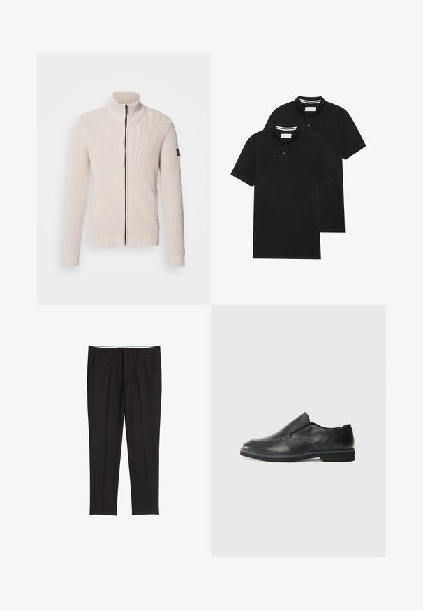 Ecoalf MAN - Strickjacke - washed stone melange; Zwei schwarze Polohemden, kurzärmlig, aus Baumwolle, mit einem klassischen Kragen, zwei Knöpfen und weißen Streifenakzenten im Inneren des Kragens.; Schwarze, maßgeschneiderte Hose mit glatter Textur, ausgestattet mit zwei Seitentaschen, einer flachen Vorderseite und einem klassischen Bund.; Schwarze Leder-Slipper mit glattem Obermaterial, gesteppten Akzenten, runder Zehenpartie und niedrigem Gummiabsatz. Die Sohle hat ein minimales Profil.