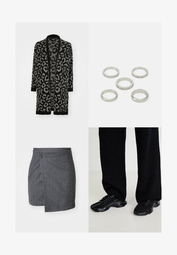 Svart och grå leopardmönstrad kavaj med öppen framsida, långa ärmar, ribbade kanter och en mjuk stickad textur.; Två ärmlösa toppar i svart och vitt, tillverkade av ribbat bomull, med rund halsringning och en figurpassande design. Etiketter synliga på båda.; Grå herringbone omslagsskjol av strukturerad ull, med en enkel knappstängning i midjan och en asymmetrisk fåll.; Svarta sneakers med ett texturerat stickat övre, elegant form och en glänsande svart sula, med subtila reflekterande detaljer och snörningsdesign.; Sats av fem silverringar i olika designer, inklusive en med en rad klara stenar. Slät och reflekterande metallfinish.
