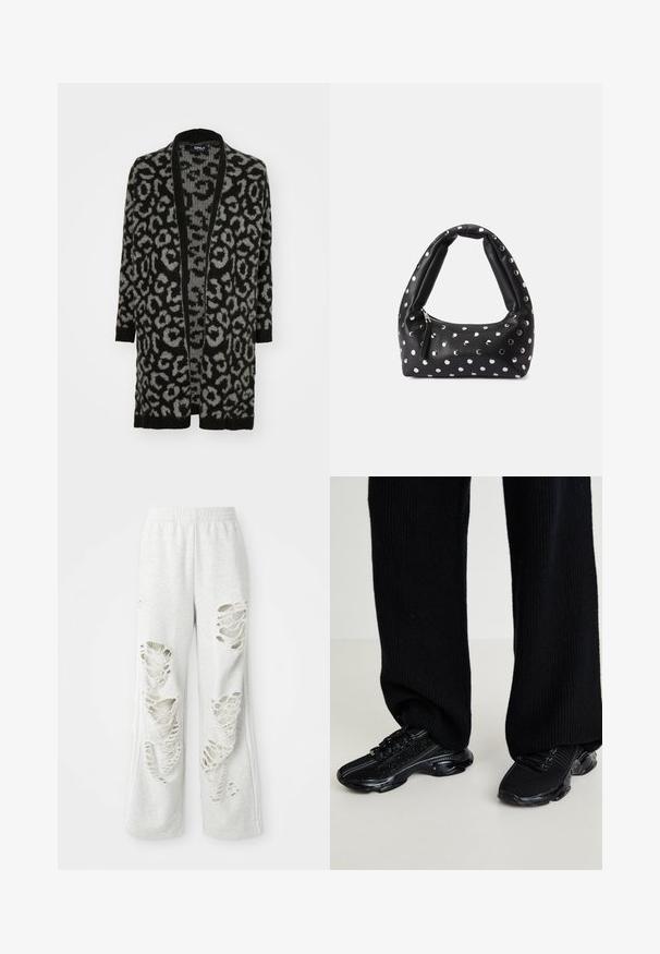 Juoda ir pilka leopardų rašto kardiganas su atvira priekiu, ilgomis rankovėmis, šonkauliuotais kraštais ir minkšta mezgimo tekstūra.; Balta trumpomis rankovėmis marškiniai su didelėmis juodomis taškeliais, V formos iškirpte ir logotipo detalėmis krūtinėje, pagaminti iš lygios, elastinės medžiagos.; Šviesiai pilkos sportinės kelnės su laisvu siluetu, puikuojančios keliais susidėvėjusiais pleistrais, minkšta tekstūra ir elastinga juosmens juosta.; Juodi sportbačiai su tekstūruoto pynimo viršumi, elegantiška forma ir blizgia juoda pade, su subtiliais atspindinčiais akcentais ir raištelių užsegimu.; Juodos odinės rankinės su lenkta rankena, puoštais sidabriniais taškeliais ir su užtrauktuku iš vienos pusės.