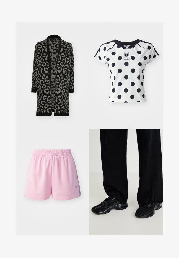 Cardigan cu imprimeu de leopard în nuanțe de negru și gri, cu față deschisă, mâneci lungi, margini ribbate și o textură moale de tricot.; Camică albă cu mânecă scurtă, cu buline mari negre, decolteu în formă de V și detaliu cu logo pe piept, fabricată dintr-un material neted și elastic.; Pantaloni scurți atletici roz cu talie elastică, prezentând o dungi gri pe părți și un logo mic în față. Făcuți dintr-un material ușor.; Adidași negri cu un superior texturat din tricot, formă elegantă și talpă neagră lucioasă, având accente reflective subtile și un design cu șireturi.