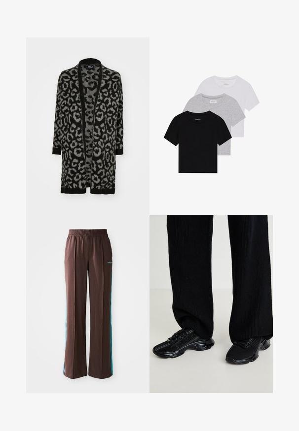 Čierny a sivý leopardí vzorovaný kardigán s otvoreným predným dielom, dlhými rukávmi, rebrovaným lemovaním a mäkkou pleteninou.; Sada troch tričiek s krátkym rukávom v čiernej, šedej a bielej farbe. Vyrobené z bavlny, s okrúhlym výstrihom a jednoduchým, jednofarebným dizajnom.; Hnedé športové nohavice s rebrovou textúrou, elastickým pásom a tyrkysovými bočnými pruhmi. Na prednej strane sa nachádza logo adidas.; Čierne tenisky s textúrovaným pleteným vrchom, elegantným tvarom a lesklou čiernou podošvou, s jemnými reflexnými akcentmi a šnurovacími detailmi.