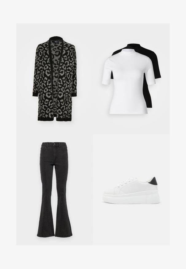 Cardigan cu imprimeu de leopard în nuanțe de negru și gri, cu față deschisă, mâneci lungi, margini ribbate și o textură moale de tricot.; Set de două bluze cu guler înalt, ajustate, în alb și negru. Mâneci scurte, material din bumbac neted și design aderent. Fără modele sau grafică.; Jeans din denim negru, cu talie înaltă și fason evazat, având cusături laterale și un finisaj curat la tiv. Materialul are o textură netedă și ușor elastică.; Adidași albi cu platformă, fabricați din material sintetic neted, cu vârf rotund, design cu șireturi și talpă din cauciuc texturat. Accente negre la călcâi.