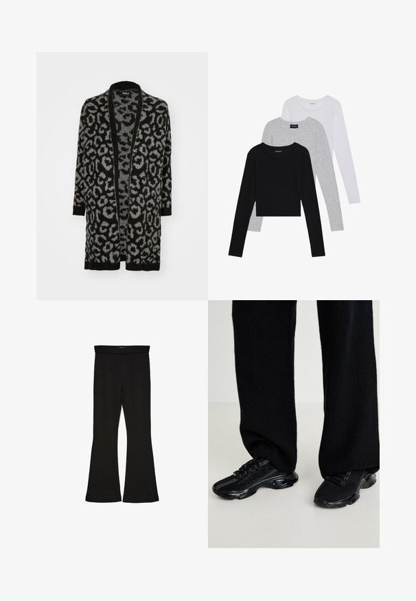 Cárdigan de estampado de leopardo negro y gris con abertura frontal, mangas largas, bordes acanalados y una textura de punto suave.; Tres camisetas de manga larga apiladas: negra, gris y blanca. Cada una tiene un escote redondo y un diseño recortado con una tela suave y ligera.; Leggings negros de campana hechos de una tela elástica. Con una cinturilla ancha y una textura suave, presentan una silueta ajustada que se ensancha en el dobladillo.; Zapatillas negras con parte superior de punto texturizado, forma elegante y suela negra brillante, con sutiles acentos reflectantes y diseño de cordones.