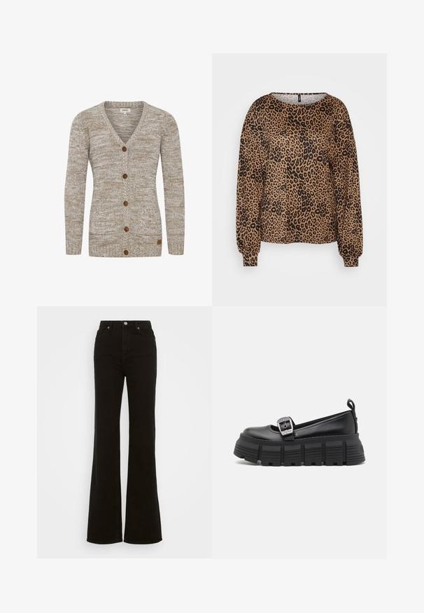 Beżowy kardigan dzianinowy z dekoltem w serek, siedmioma brązowymi guzikami oraz ściągaczami na rękawach. Posiada teksturowany wzór i małą etykietę marki z boku.; Brązowy sweter z długim rękawem z czarnym nadrukiem w panterę, szerokim dekoltem i elastycznymi mankietami. Miękki, teksturowany materiał o luźnym kroju.; Czarne dżinsy z wysokim stanem i rozszerzanymi nogawkami, wykonane z denimu, z zapięciem na guzik, bocznymi kieszeniami oraz gładką fakturą.; Czarne platformowe loafersy z okrągłym noskiem, górą z gładkiej skóry, regulowanym zapięciem i teksturowaną gumową podeszwą z poziomymi rowkami.