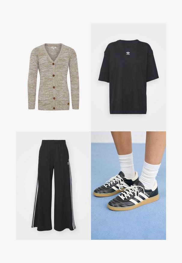Bež pletena kardigana z V-izrezom, sedmimi rjavimi gumbi in rebrastimi manšetami. Ima teksturiran vzorec in majhno oznako blagovne znamke na strani.; Črna bombažna majica s kratkimi rokavi in okroglo ovratnikom, ki na prsih prikazuje bele Adidasove logotip. Enostaven dizajn, sproščen kroj.; Črne široke trenirke z elastičnim pasom, ki imajo bele stranske proge in vezeno logo na levi stegna.; Črne usnjene superge z belimi črtami, okroglo konico, belimi vezalkami in gumijastim podplatom. Poudarjene z oblazinjenim ovratnikom in detajli blagovne znamke.
