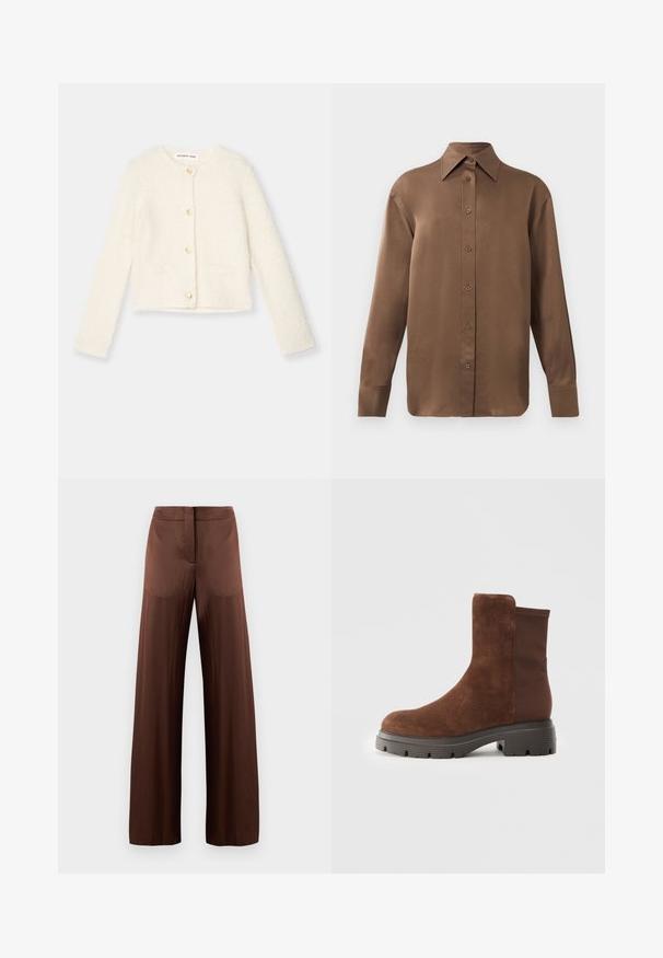 Vit fluffig kofta med långa ärmar, guldknappar och två framfickor. Mjuk textur och kort design.; Brun långärmad skjorta med knäppning, spettdetalj på kragen och manschetterna, uppvisad mot en vit bakgrund.; Bruna vida byxor i mjukt, lätt tyg, med platt front, utan fickor och rak silhuett.; Brun mocka ankelboot med elastiska sidopaneler, rund tå, och en tjock gummisole med en texturerad mönster.