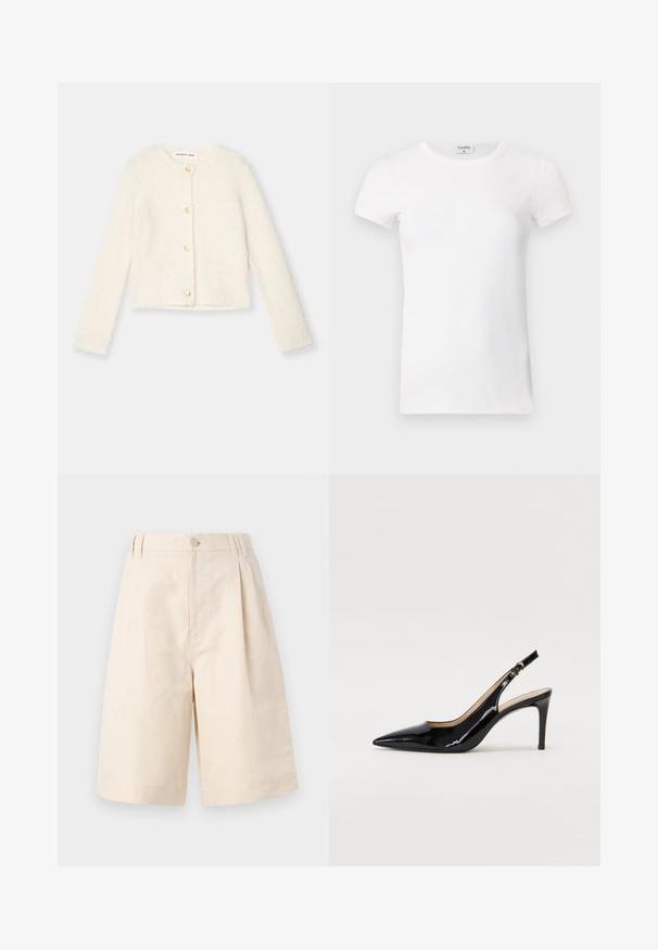 Valge ülikerge kardigan pikkade varrukatega, kuldsete nööpidega ja kahe esikotiga. Pehme tekstuur ja lühendatud disain.; Valge ribaga lühikeste varrukatega T-särk ümmarguse kaelusega. Kude tundub siledana ja see on keha lähedal istuv. Brändi silt on nähtav krae juures.; Beezid linane lühikesed püksid, millel on mugav lõige, nupuga sulgemine, volditud disain ja kuni põlve ulatuv lõige. Sile tekstuur ja lihtne stiil.; Must hõbedavärvi patendiga slingback kontsakingad terava varbaga, kitsas konts ja peene lõikega disain. Statistika on kuldne pandla rihmal.