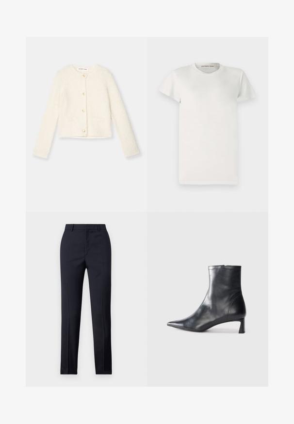 Bijela pahuljasta cardigan s dugim rukavima, zlatnim gumbima i dva prednja džepa. Mekana tekstura i skraćeni dizajn.; Bijela majica kratkih rukava od pamuka s okruglim izrezom i jednostavnim krojem. Oznake unutar ovratnika prikazuju "DESIGNERS REMIX".; Mornarsko plave krojene hlače ravnog kroja, sa glatkom teksturom, dvije prednje džepove i urednim pojasom.; Crne kožne gležnjače s uskim vrhom i elegantnim dizajnom. Imaju niski potpetak i zatvaranje na patentni zatvarač straga. Glatka tekstura.