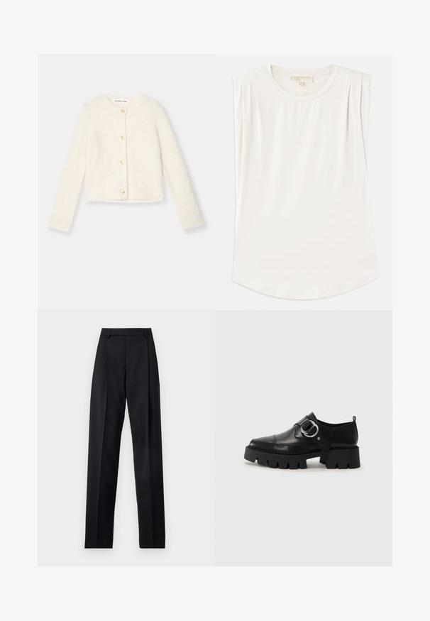 Bijela pahuljasta cardigan s dugim rukavima, zlatnim gumbima i dva prednja džepa. Mekana tekstura i skraćeni dizajn.; Bijela bezrukavna majica od glatke tkanine, s okruglim izrezom i suptilnim plitkim nabranjima na ramenima, s zakrivljenim donjim rubom.; Crne hlače od glatkog materijala s visokim strukom, širokim nogavicama, prednjim pregibima i klasičnim petljama za remen. Nema vidljivih bočnih džepova.; Crne kožne cipele s debelim, rebrastim potplatom, koje imaju okrugli srebrni detalj i minimalne šavove.