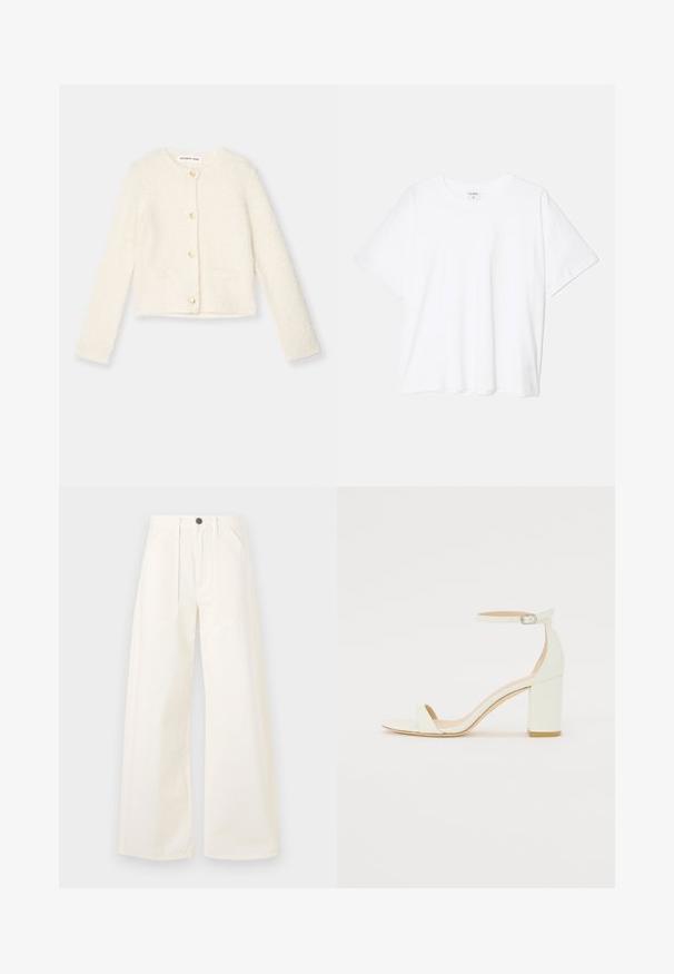 Valkoinen pörröinen neuletakki pitkillä hihoilla, kultaisilla napilla ja kahdella etutaskulla. Pehmeä rakenne ja lyhyt muoto.; Valkoinen puuvillapaita lyhyillä hihoilla, pyöreällä pääntiellä, rentoa tyyliä ja ommeltu helma. Tunniste näkyvissä sisäkauluksessa.; Valkoisista puuvillakankaista valmistetut leveälahkeiset housut, joissa on korkea vyötärö, kaksi etutaskua ja yksi etunappi.; Valkoiset nahkaiset tukikorkosandaalit, joissa on nilkkahihna soljella ja minimalistinen muotoilu. Avoin varvas ja sileät pinnat koko kengässä.