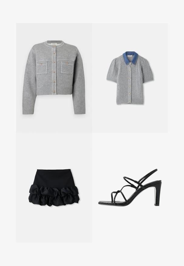 Cardigan corto grigio realizzato in morbido materiale a maglia; presenta bottoni dorati e due taschini sul petto con cuciture a contrasto.; Cardigan corto grigio a maniche corte lavorato a maglia con motivo a treccia, dotato di un colletto in denim e cinque bottoni dorati sul davanti.; Gonna mini nera con una parte superiore aderente e tre strati di tessuto arricciato nella parte inferiore, con una consistenza liscia e linee pulite.; Sandali neri con tacco alto, dotati di sottili cinturini, finitura testurizzata, punta aperta e un design elegante con tacco affusolato. Presentano una soletta morbida e una superficie lucida.