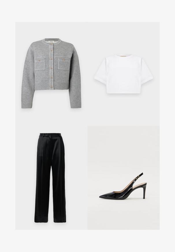 Pelēks īsais kardigans, kas izgatavots no mīkstas adītas materiāla; satur zelta tonī pogas un divas krūšu kabatas ar kontrastējošu dūri.; Izgriezta balta T-krekla no mīksta auduma, ar īsām piedurknēm, apaļu apkakli un ribota apakšmala. Vienkāršs un neizpušķots dizains.; Melnas augstās vidukļa satīna bikses ar taisnām platiem kājām, jostu cilpām un plakanu priekšējo aizdari uz viendabīga balta fona.; Melnas lakotās ādas slingback kurpes ar izteiktu degunu, šauru papēdi un smalku izgriezumu dizainu. Siksniņai ir zelta sprādze.
