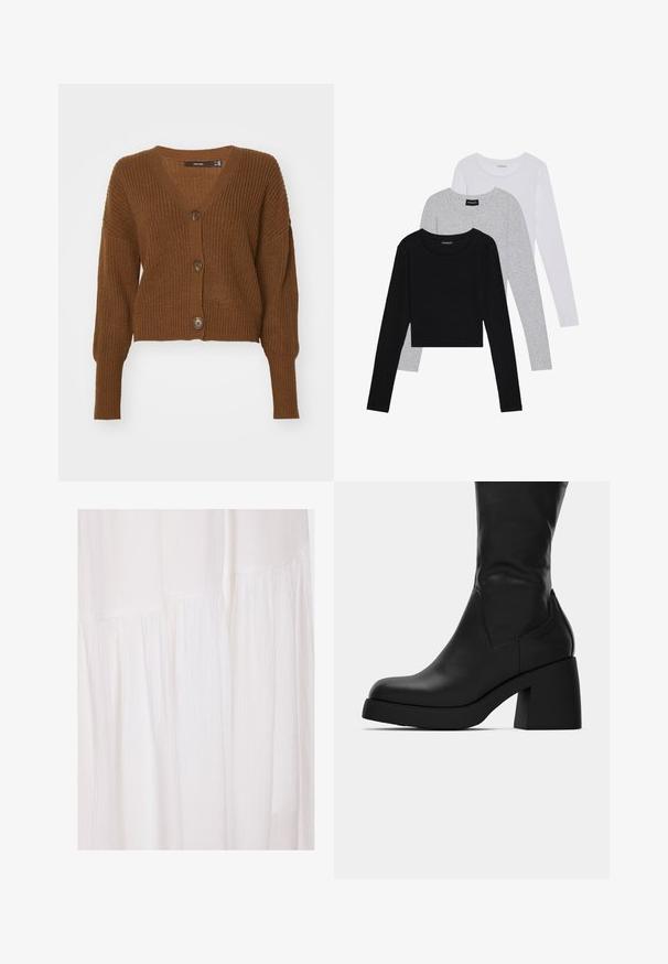 Vero Moda VMLEA V NECK CUFF CARDIGAN - Cardigan - pinecone; Tre langærmede toppe stablet: sort, grå og hvid. Hver har en rund halsudskæring og et cropped design med glat, let stof.; Hvidt stofforklæde med en tekstureret overflade, bløde folder og ustrukturerede designelementer, der skaber en flydende silhuet.; Sort læderstøvle til midt på læggen med kraftig blokhæl og rund tå, vist fra siden på hvid baggrund.