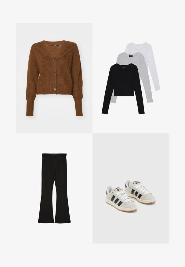 Vero Moda VMLEA V NECK CUFF CARDIGAN - Vest - pinecone; Drie langmouwige tops gestapeld: zwart, grijs en wit. Elke top heeft een ronde halslijn en een cropped ontwerp van soepel, lichtgewicht materiaal.; Zwarte flare leggings gemaakt van rekbaar materiaal. Beschikt over een brede tailleband en een zachte textuur, met een getailleerd silhouet dat uitloopt bij de zoom.; Grijze nubucklederen sneakers met witte veters, zwarte strepen en een witte rubberen zool. Bevat een rond logo op de tong en een gumzool.