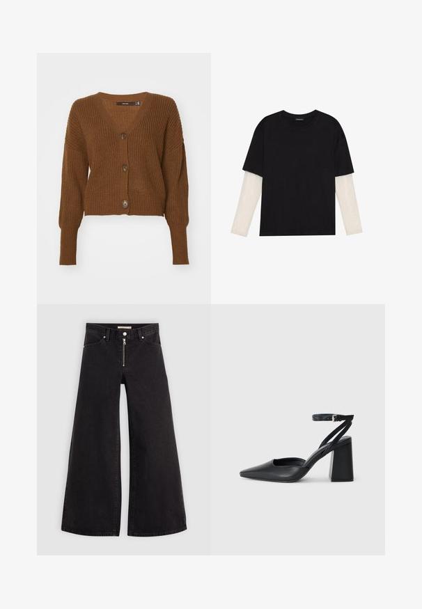 Vero Moda VMLEA V NECK CUFF CARDIGAN - Cardigan - pinecone; Sort T-shirt lavet af bomuld, med korte ærmer over et hvidt langærmet lag med et subtilt tekstureret mønster. Design med rund hals.; Vide ben jeans i sort denim med lynlås foran, fem lomme-design og subtile stikninger. Glat tekstur og afslappet stil.; Sort læder spidse pumps med ankelrem og en chunky hæl. Flad tekstur, slankt design og minimalistisk æstetik.