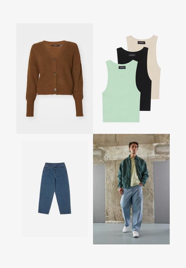 Vero Moda VMLEA V NECK CUFF CARDIGAN - Chaqueta de punto - pinecone; Tres camisetas sin mangas en verde menta, negro y beige; hechas de tela acanalada con un escote redondo. Etiqueta de la marca visible.; Vaqueros de denim azul con un corte relajado, cintura alta, diseño de cinco bolsillos y acentos de costura. Cuenta con un cierre de botón y cremallera.; Chaqueta bomber verde sobre una polo amarillo claro, combinada con jeans azules holgados y zapatillas blancas. Telas suaves, corte relajado, hardware mínimo.