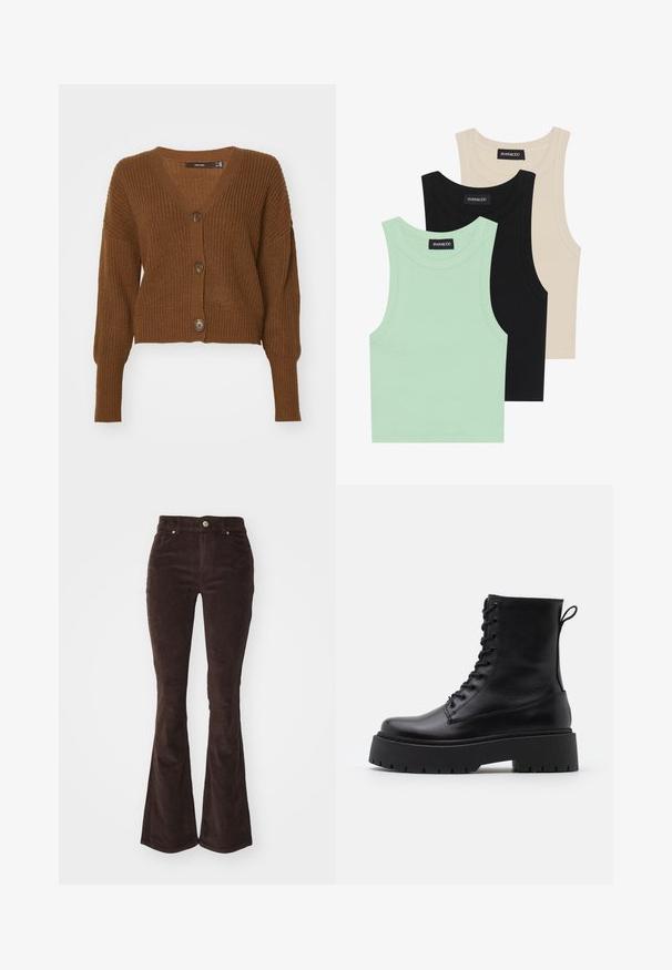 Vero Moda VMLEA V NECK CUFF CARDIGAN - Kardigán - pinecone; Tričko bez rukávov v mätovej zelenej, čiernej a béžovej farbe; vyrobené z rebrovanej tkaniny s okrúhlym výstrihom. Viditeľná značka značky.; Vero Moda VMFLASH FLARED PANTS - Nohavice - chocolate torte; Čierne kožené členkové topánky s okrúhlou špičkou, šnurovaním vpredu a hrubou gumovou podrážkou s textúrovaným vzorom. Sťahovací pútko na zadnej strane.