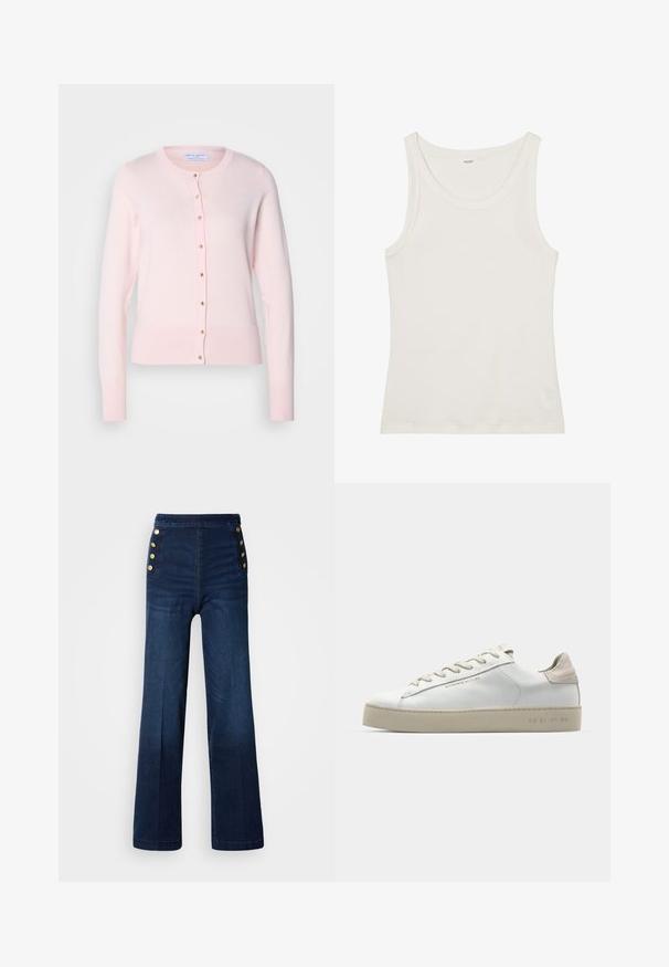 Cardigã cor-de-rosa claro em tecido de malha suave, com decote redondo, mangas longas e botões dourados na frente. Design simples e clássico.; Top de algodão branco, sem mangas, com um decote largo e alças finas. Textura suave sem padrões ou adornos visíveis.; Calças largas em denim azul escuro com uma cintura alta, detalhes em botão dourado nas laterais e uma textura suave com desbotamento suave.; Sapatilha de couro branca com um acabamento suave, detalhes em camurça bege, bico redondo, design de atacador plano e sola de borracha texturizada.