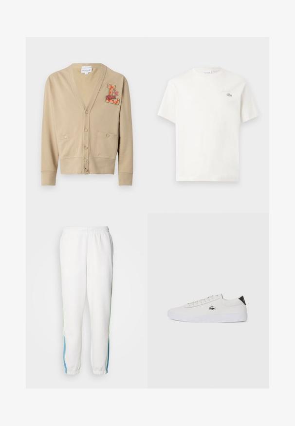 Béžový kardigan vyrobený z jemné látky s výstřihem do V, pěti knoflíky, dvěma předními kapsami a barevnou vyšitou nášivkou s písmenem 'L' a designem krokodýla.; Bílá bavlněná tričko s krátkými rukávy, s jemně vyšitým logem a minimalistickým designem. Měkká textura, kulatý výstřih.; Bílé teplákové kalhoty s elastickým pasem, se zelenými a modrými bočními pruhy. Měkká látka s tapered (zkoseným) designem na kotnících.; Bílé kožené tenisky s kulatou špičkou, šněrováním vpředu a černým akcentem na patě. Na boku se nachází malé vyšívané logo krokodýla.