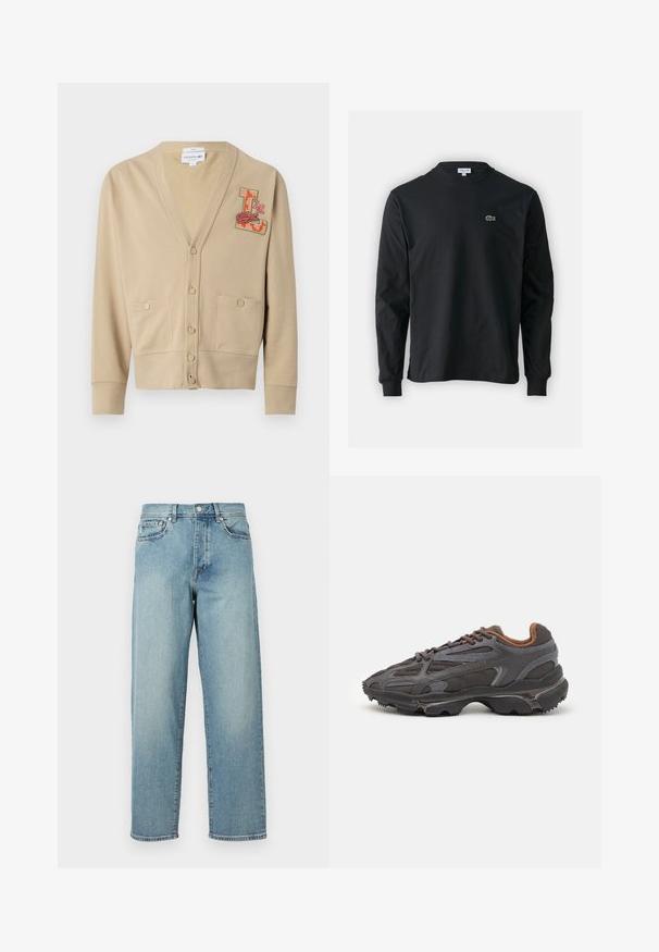 Μπεζ κασκόλ φτιαγμένο από μαλακό ύφασμα με V-λαιμόκοψη, πέντε κουμπιά, δύο μπροστινές τσέπες και πολύχρωμο κεντημένο σχέδιο με το γράμμα 'L' και σχέδιο κροκόδειλου.; Μαύρο μπλουζάκι με μακριά μανίκια από βαμβάκι, με στρογγυλή λαιμόκοψη και μικρό πράσινο κεντητό λογότυπο κροκοδείλου στην αριστερή πλευρά του στήθους.; Ανοιχτό γαλάζιο τζιν παντελόνι με χαλαρή εφαρμογή, ίσια πόδια, σχέδιο με πέντε τσέπες και κούμπωμα με κουμπί στη μέση. Ελάχιστη λεπτομέρεια ραφής.; Αθλητικά παπούτσια Lacoste σε σκούρο γκρι χρώμα, κατασκευασμένα από διχτυωτό και συνθετικό υλικό, με ελαστική σόλα και καφέ λεπτομέρειες στον γιακά και στο branding.