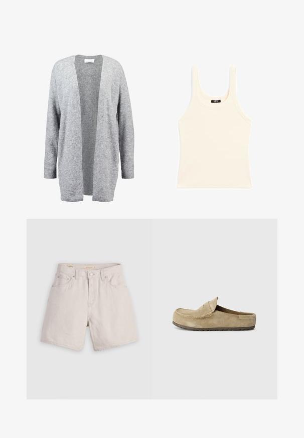 Light gray cardigan made from soft knit material. Open front design with long sleeves and ribbed cuffs. No fasteners or embellishments.; Light beige tank top made of ribbed fabric, featuring a round neckline and thick straps, with a fitted shape and minimal detailing.; High-waisted beige denim shorts with a buttoned front, belt loops, and five-pocket design; lightweight with a smooth texture.; Birkenstock NAPLES WRAPPED LEVE TAUPEN - REGULAR - Mules - taupe