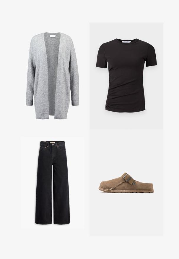 Cardigan grigio chiaro realizzato in morbido tessuto a maglia. Design aperto davanti con maniche lunghe e polsini a costine. Senza chiusure o decorazioni.; T-shirt nera a maniche corte realizzata in tessuto morbido, con collo rotondo e dettagli arricciati sul lato sinistro per una texture sottile.; Jeans neri a gamba larga in denim, dotati di cinque tasche, rivetti in rame e chiusura con bottone classico. Texture liscia con un design pulito.; Zoccolo in suede marrone con cinturino a fibbia, punta chiusa e cuciture visibili su una suola strutturata.
