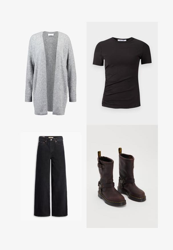 Lys grå cardigan laget av mykt strikket materiale. Åpen frontdesign med lange ermer og ribbestrikkede mansjetter. Ingen lukking eller dekorasjoner.; Svart kortermet t-skjorte laget av myk tekstil, med rund hals og rynkedetaljer på venstre side for en subtil tekstur.; Sorte vide benklær laget av denim, med fem lommer, kobbernitter og en klassisk knappelukking. Glatt tekstur med et rent design.; Brune skinnstøvler med midtleggsdesign, med en stropp og spenne, en tykk svart såle, og gule sømdetaljer.