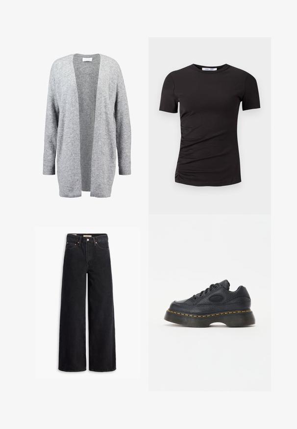 Vaaleanharmaa kardigan, joka on valmistettu pehmeästä neulemateriaalista. Avoin etuosa, pitkät hihat ja ribbireunat. Ei kiinnityksiä tai koristeita.; Musta lyhythihainen t-paita pehmeästä kankaasta, jossa on pyöreä kaula-aukko ja rypytetty yksityiskohta vasemmalla sivulla, mikä antaa hienovaraisen tekstuurin.; Musta leveälahkeinen farkut, joissa on viisi taskua, kupariset niitit ja klassinen nappisulku. Sileä pinta ja selkeä muotoilu.; Musta nahkakengät, joissa on teksturoitu pinta, pyöreä kärki ja paksu pohja. Sisältää keltaista korostustikkausta ja merkkilogon sivussa.