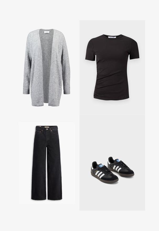 Lys grå cardigan laget av mykt strikket materiale. Åpen frontdesign med lange ermer og ribbestrikkede mansjetter. Ingen lukking eller dekorasjoner.; Svart kortermet t-skjorte laget av myk tekstil, med rund hals og rynkedetaljer på venstre side for en subtil tekstur.; Sorte vide benklær laget av denim, med fem lommer, kobbernitter og en klassisk knappelukking. Glatt tekstur med et rent design.; Svarte sneakers med overdel i semsket lær og syntetisk materiale, med tre hvite striper, strukturert gummisåle og blå logoetikett på tungen.