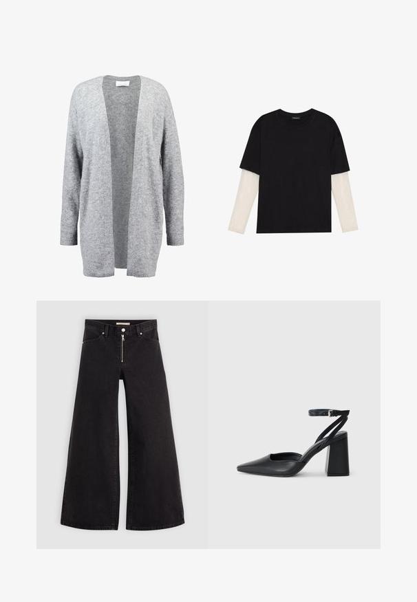 Cardigan cinza claro feito de material de malha macia. Design de frente aberta com mangas longas e punhos canelados. Sem fechos ou adornos.; T-shirt preta de algodão, com mangas curtas sobre uma camada de mangas longas branca com um padrão texturizado subtil. Design de decote redondo.; Calças de ganga de perna larga em denim preto com fecho éclair à frente, design de cinco bolsos e detalhes de costura subtil. Textura suave e estilo casual.; Sandal com biqueira afilada em couro preto, com cinta no tornozelo e salto grosso. Textura lisa, design elegante e estética minimalista.