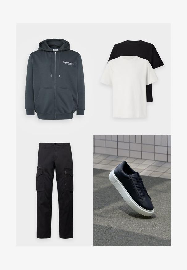 Donkergrijze ritshoodie van een katoenmix, met een logo aan de voorkant, verstelbare trekkoordkap en een buidelzak aan de voorkant.; Katoenen T-shirt set met een zwarte top en een witte top, beide met korte mouwen, ronde hals en een standaard pasvorm. Textuurstof.; Zwarte cargobroek met meerdere zakken, een ritszak op de dij, rechte pasvorm en stevige katoen met een subtiele glans.; Zwarte leren sneaker met een ronde neus en een witte rubberen zool. Voorzien van platte veters en minimale stiksels op het bovenwerk. Textuurrijke zool voor grip.