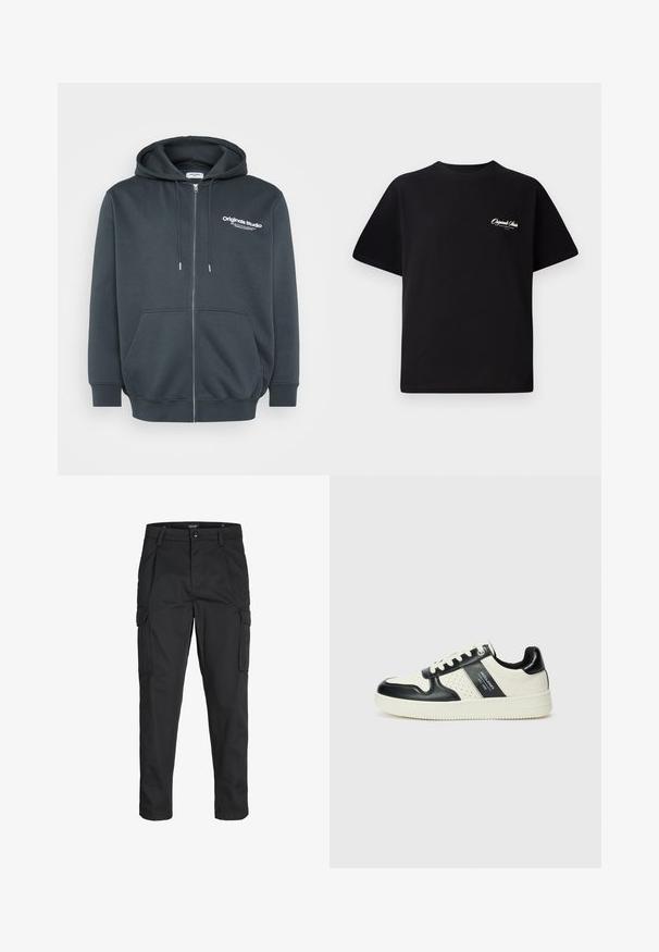 Dunkelgraue Zip-Hoodie aus einem Baumwoll-Mischgewebe, mit einem Logo auf der Vorderseite, verstellbarem Kordelzug im Kapuzenbereich und Kängurutaschen auf der Vorderseite.; Schwarzes Baumwoll-T-Shirt mit Rundhalsausschnitt, kurzen Ärmeln und kleinem weißen Logotext auf der linken Brust. Schlichtes Design, klassischer Schnitt.; Schwarze Cargo-Hose aus robustem Material, mit mehreren Taschen, einem Knopfverschluss und einem Slim-Fit-Design mit schmal zulaufenden Beinen.; Leder-Sneaker in Schwarz- und Cremetönen, mit perforierten Akzenten, einem gepolsterten Kragen und einer strukturierten Laufsohle.