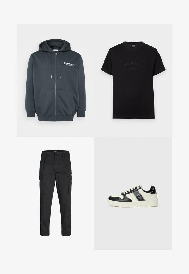 Dunkelgraue Zip-Hoodie aus einem Baumwoll-Mischgewebe, mit einem Logo auf der Vorderseite, verstellbarem Kordelzug im Kapuzenbereich und Kängurutaschen auf der Vorderseite.; Schwarzes Baumwoll-T-Shirt mit kurzen Ärmeln und rundem Halsausschnitt. Auf der Vorderseite befindet sich der Schriftzug "ORIGINALS Studio" in eingeprägten, tonalen Buchstaben.; Schwarze Cargo-Hose aus robustem Material, mit mehreren Taschen, einem Knopfverschluss und einem Slim-Fit-Design mit schmal zulaufenden Beinen.; Leder-Sneaker in Schwarz- und Cremetönen, mit perforierten Akzenten, einem gepolsterten Kragen und einer strukturierten Laufsohle.