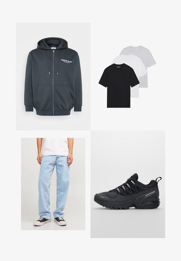 Tumši pelēks zipsvārks, izgatavots no kokvilnas maisījuma, ar priekšējo logo, regulējamu kapuci ar saiti un priekšējām kangaroo kabatām.; Trīs pamata t-krekli melnā, baltā un gaišpelēkā krāsā. Īsas piedurknes, apaļa kakla izgriezums, izgatavoti no gludas kokvilnas auduma. Redzams zīmola logs.; Gai zila džinsu bikses ar brīvu piegriezumu, kurām ir taisna kāju forma un standarta šuvju dizains, saskaņotas ar melniem sporta apaviem.; Melnas sporta kurpes ar sieta augšdaļu, gumijas zoli un atstarojošiem elementiem. Iezīmējas ar mīkstinātu zoli un pavelkamu aizdari.